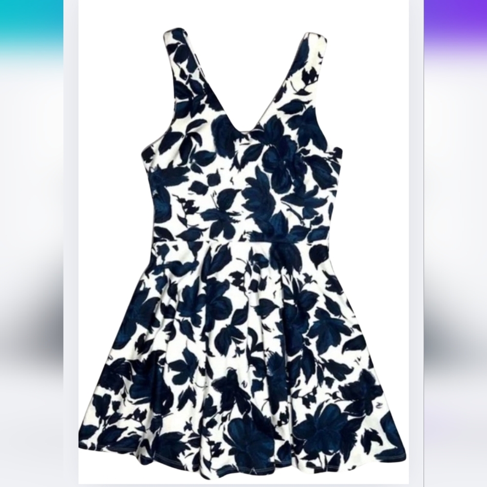 Soprano L Blue White Floral Semi Formal Dress Scuba Stretch 1507-BG